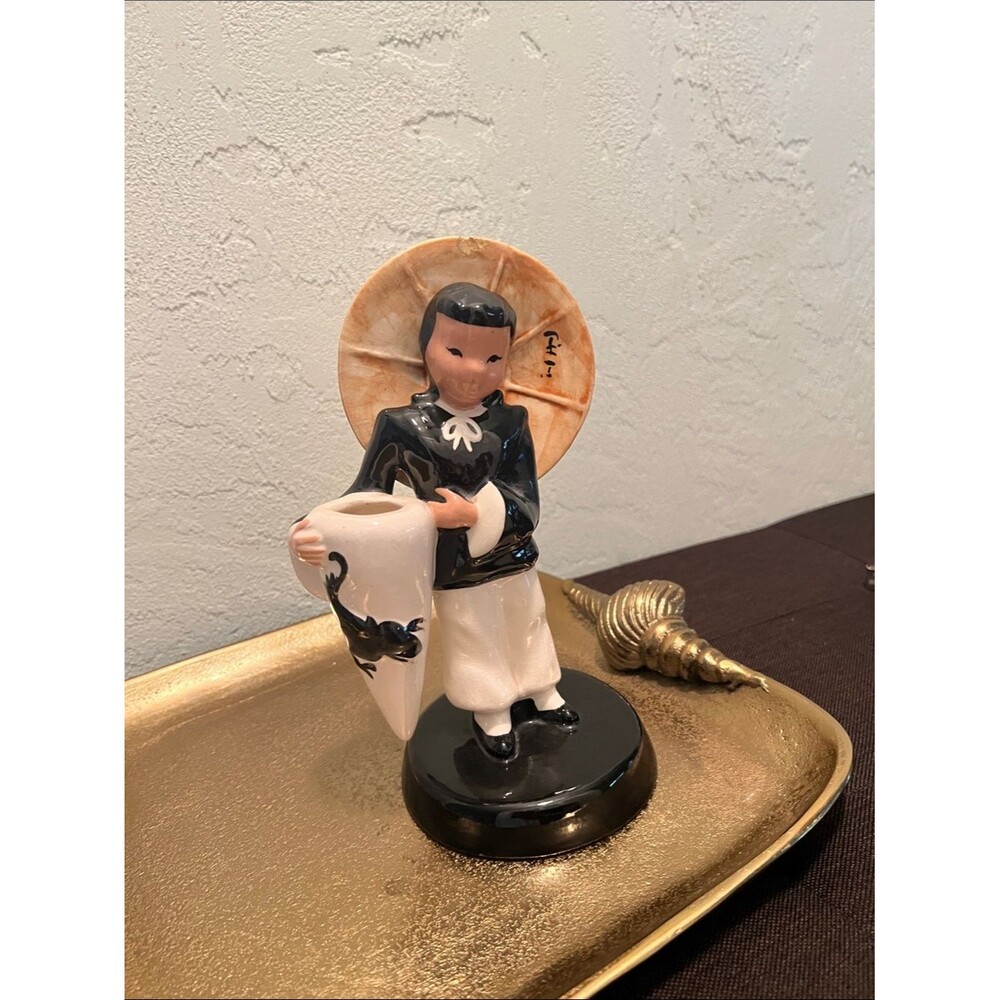 #2112**Vintage Ceramic Figurine with Parasol - Black, White & Peach